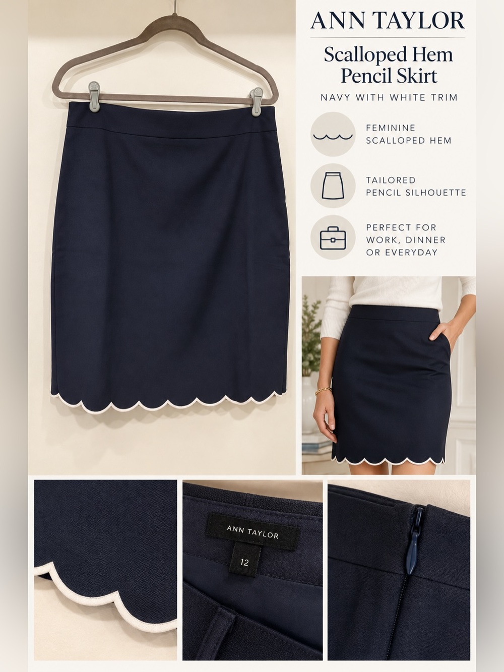 NWT Ann Taylor Navy Scalloped Hem Pencil Skirt Size 12